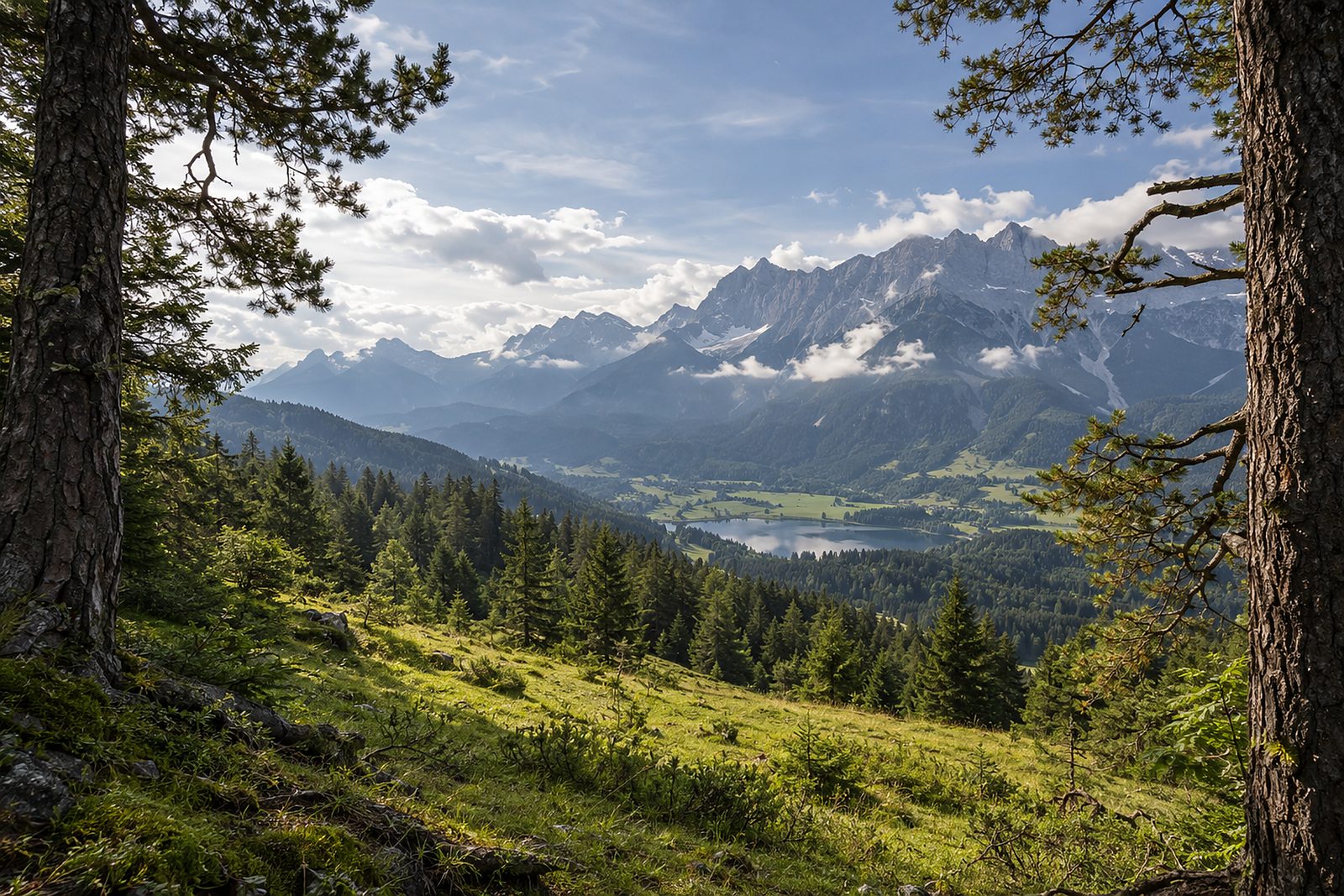 Blick zwischen zwei alten Kiefern hinunter ins grüne Tal mit kleinem See, dahinter Wolken am Karwendel (Illustration)
